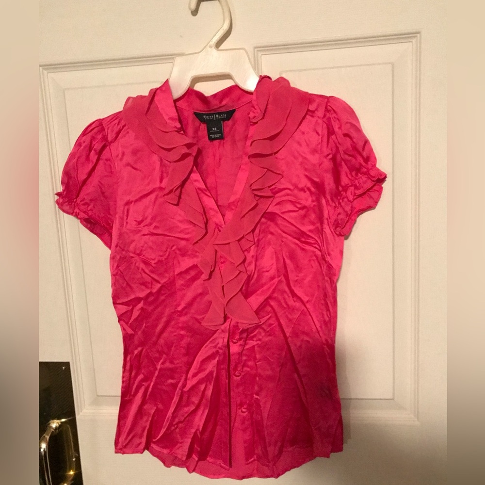 White House Black Market Vibrant Pink Silk Ruffled Blouse